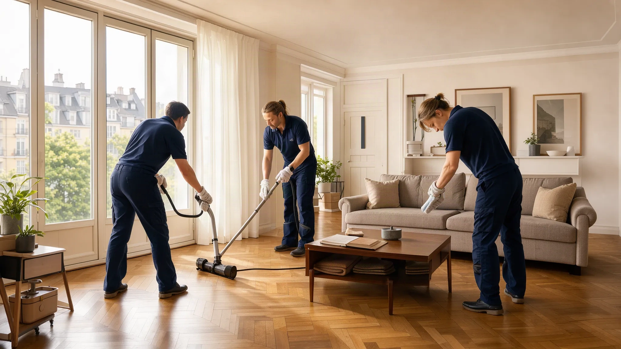 Équipe de nettoyage professionnelle dans un appartement parisien